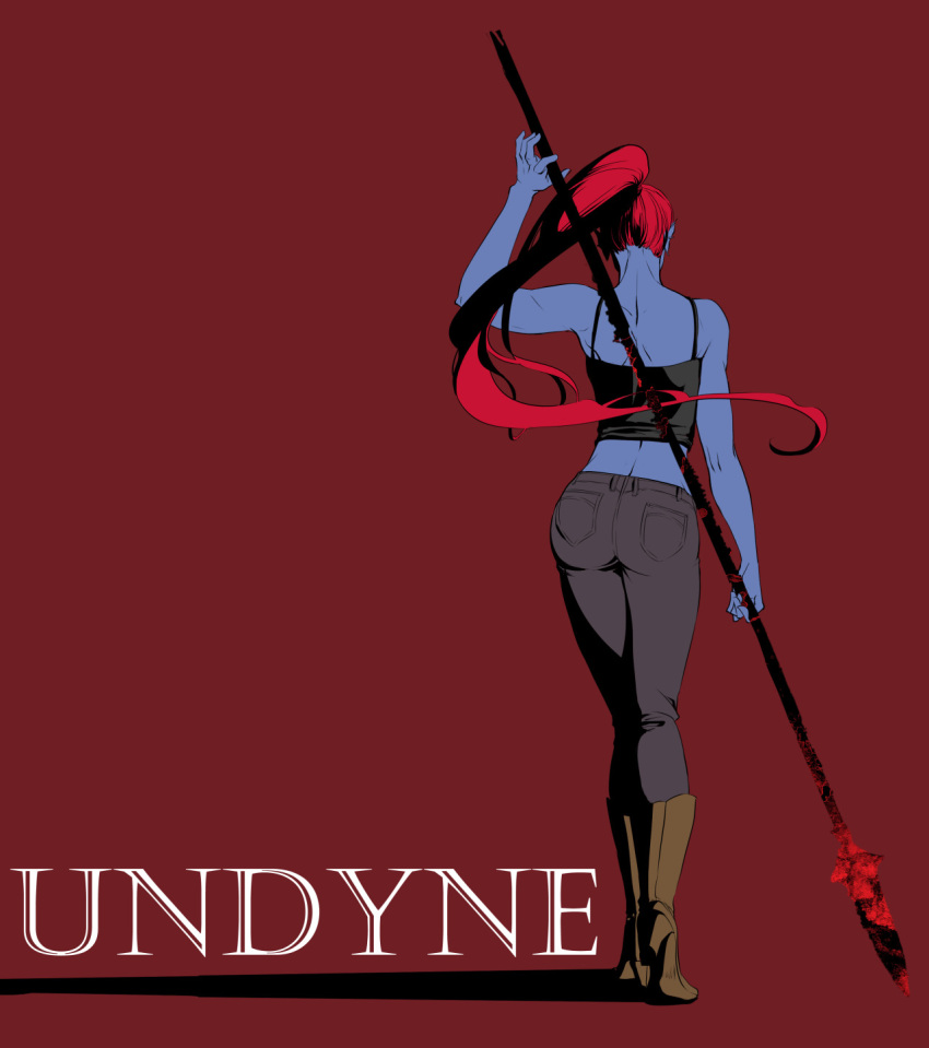 1girl ass blue_skin boots character_name from_behind head_fins high_heel_boots high_heels highres lia_oh monster_girl pants polearm ponytail red_background redhead shadow simple_background solo spear tank_top undertale undyne weapon