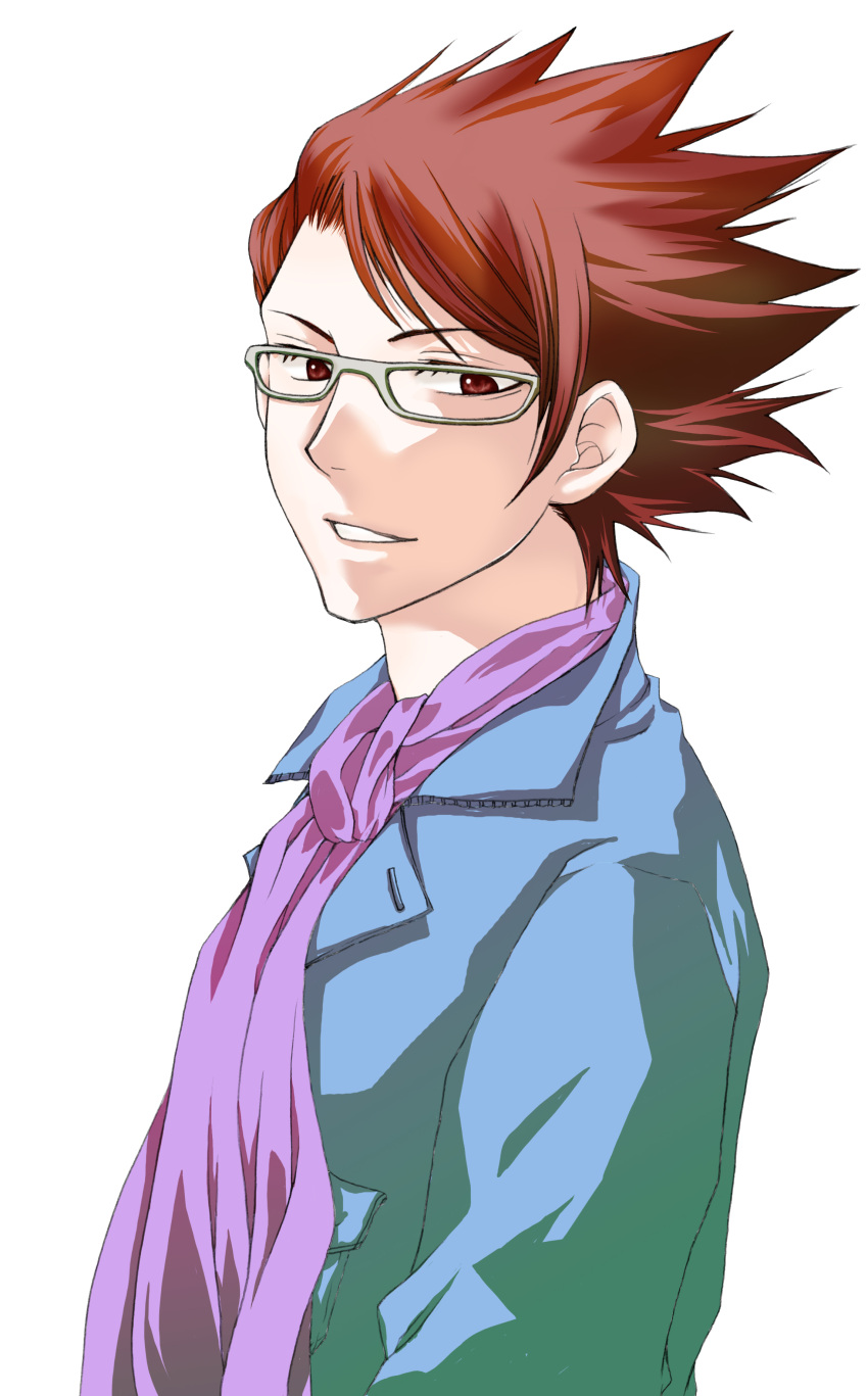 1boy absurdres big_al glasses highres male_focus parted_lips red_eyes redhead simple_background smile solo spiky_hair upper_body vocaloid white_background
