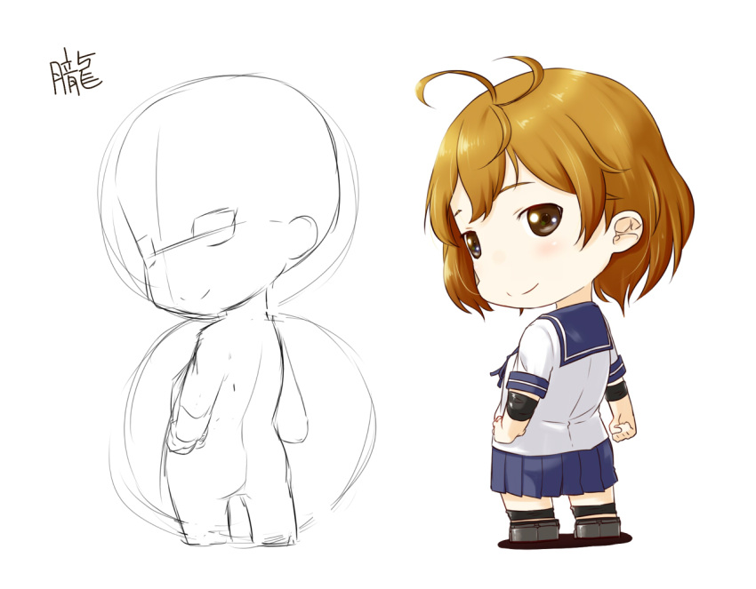 bandaid bandaid_on_face brown_eyes brown_hair chibi clenched_hand from_behind hand_on_hip kantai_collection light_brown_hair looking_at_viewer looking_back multiple_views niwatazumi oboro_(kantai_collection) pleated_skirt school_uniform serafuku short_hair sketch skirt smile translated