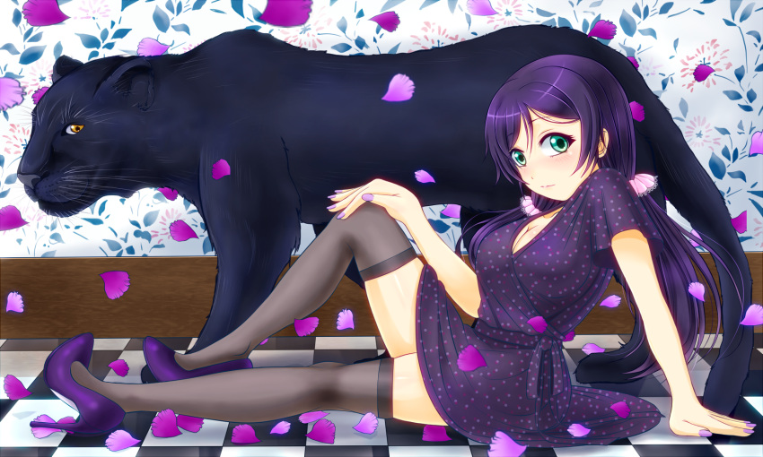 1girl bad_id breasts cleavage flower green_eyes highres hiro9779 long_hair love_live!_school_idol_project low_twintails panther purple_hair scrunchie solo thigh-highs toujou_nozomi twintails