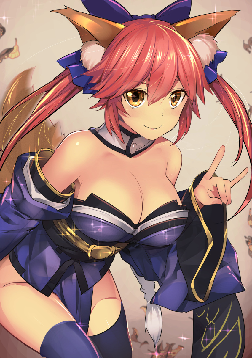 1girl akechi_shizuku animal_ears bare_shoulders blue_legwear blush breasts caster_(fate/extra) cleavage detached_collar detached_sleeves fate/extra fate/grand_order fate_(series) fox_ears fox_shadow_puppet fox_tail hair_ribbon highres japanese_clothes large_breasts long_hair looking_at_viewer pink_hair ribbon solo tail thigh-highs yellow_eyes