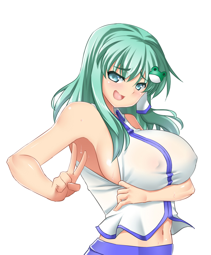 1girl :d absurdres armpits bare_shoulders blush breast_hold breasts collared_vest covered_nipples frog_hair_ornament green_eyes green_hair hair_ornament hair_tubes highres kochiya_sanae large_breasts long_hair looking_at_viewer mokkori9 navel open_mouth shirt_pull sideboob smile solo sweat toned touhou v vest