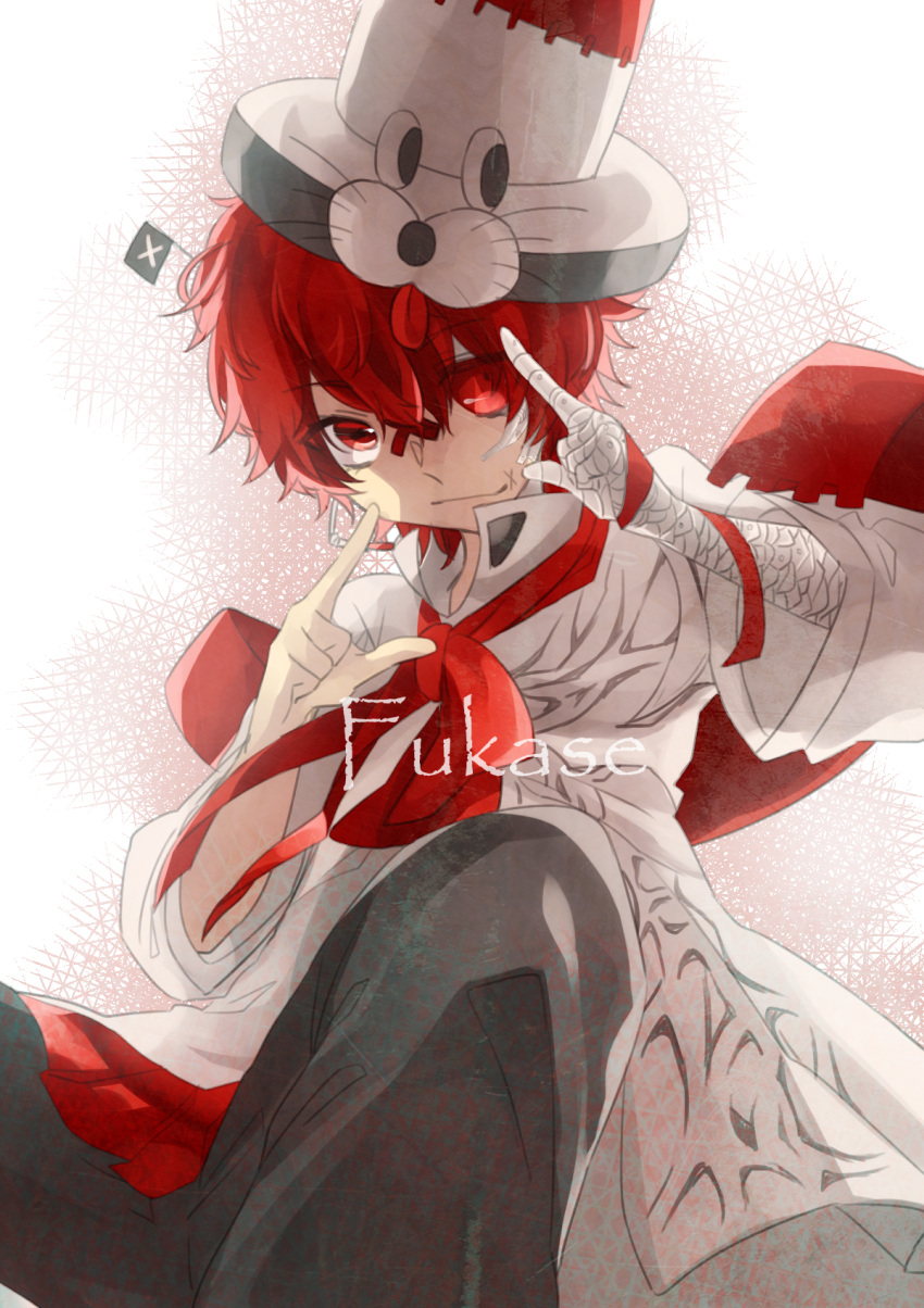 1boy asymmetrical_clothes bandaged_arm bandages bandaid bandaid_on_nose boots bow character_name fukase hat head_flag headset highres looking_at_viewer male_focus pointing red_eyes red_sclera solo tamagoyaki_(tamagomaigo) top_hat vocaloid