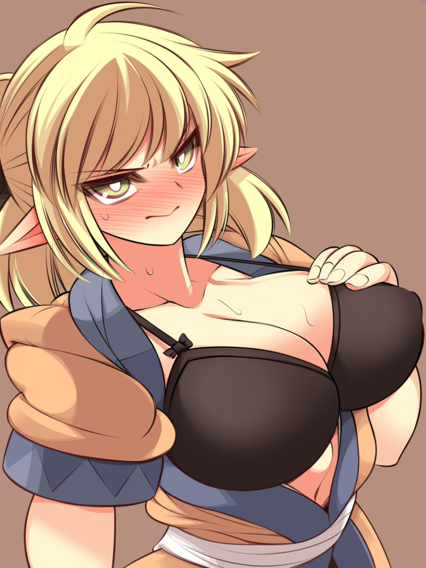 1girl 3: 3:&lt; ahoge angry black_bra blonde_hair blush bra breasts cleavage frown full-face_blush green_eyes hand_on_breast highres large_breasts looking_at_viewer mizuhashi_parsee navel open_clothes open_robe pointy_ears robe short_hair solo sweat touhou ueda_katsuhito underwear