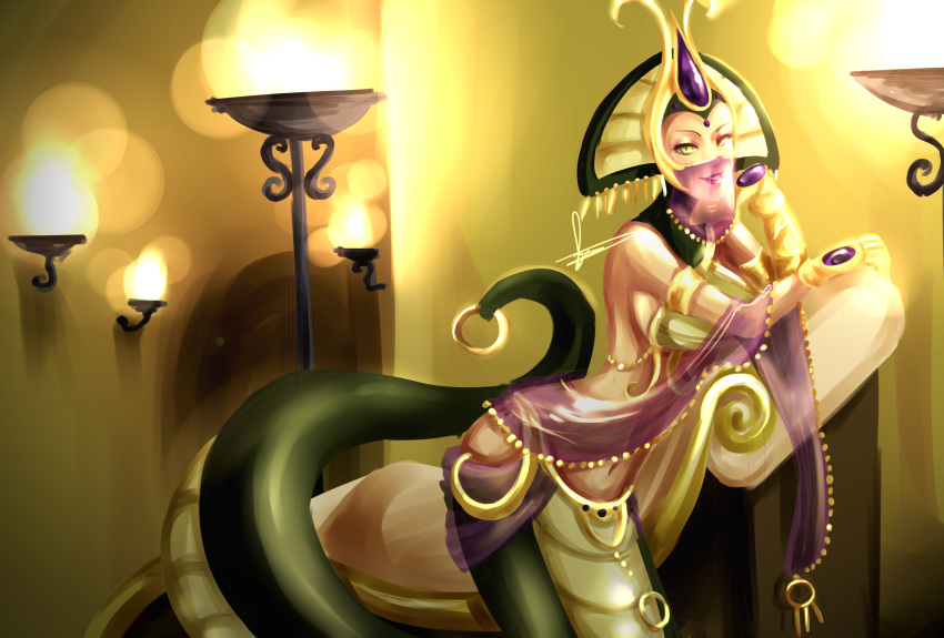 1girl alternate_costume armlet breasts cassiopeia_du_couteau commentary covered_mouth forehead_jewel gorget hannah_santos highres lamia league_of_legends lipstick makeup monster_girl navel piercing purple_lipstick recliner see-through shawl smile solo tail_piercing veil