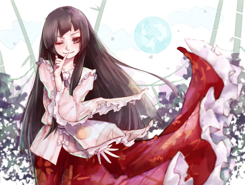 1girl bamboo black_eyes black_hair bow closed_mouth finger_to_mouth floral_print frills hime_cut hoshibuchi houraisan_kaguya layered_skirt long_hair long_skirt long_sleeves looking_at_viewer one_eye_closed pink_shirt rabbit red_skirt shirt sidelocks skirt solo touhou transparent white_bow wide_sleeves wind wink