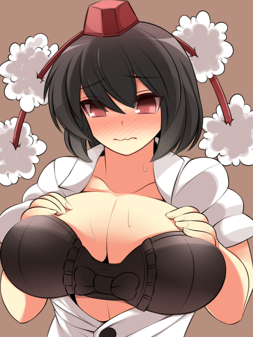 1girl black_bra black_hair blush bra breast_squeeze breasts bursting_breasts cleavage collared_shirt hat highres huge_breasts looking_at_viewer nervous open_clothes open_shirt pom_pom_(clothes) red_eyes shameimaru_aya shirt short_hair shy solo sweat tokin_hat touhou tsurime ueda_katsuhito unbuttoned underwear wavy_mouth