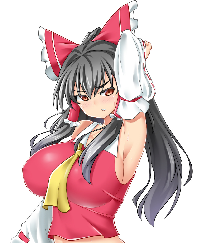 1girl absurdres arm_behind_head arm_up armpits ascot bare_shoulders black_hair blush bow breasts clenched_teeth detached_sleeves hair_bow hair_tubes hakurei_reimu highres large_bow large_breasts long_hair looking_at_viewer mokkori9 ponytail red_eyes sideboob sidelocks solo sweat teeth touhou