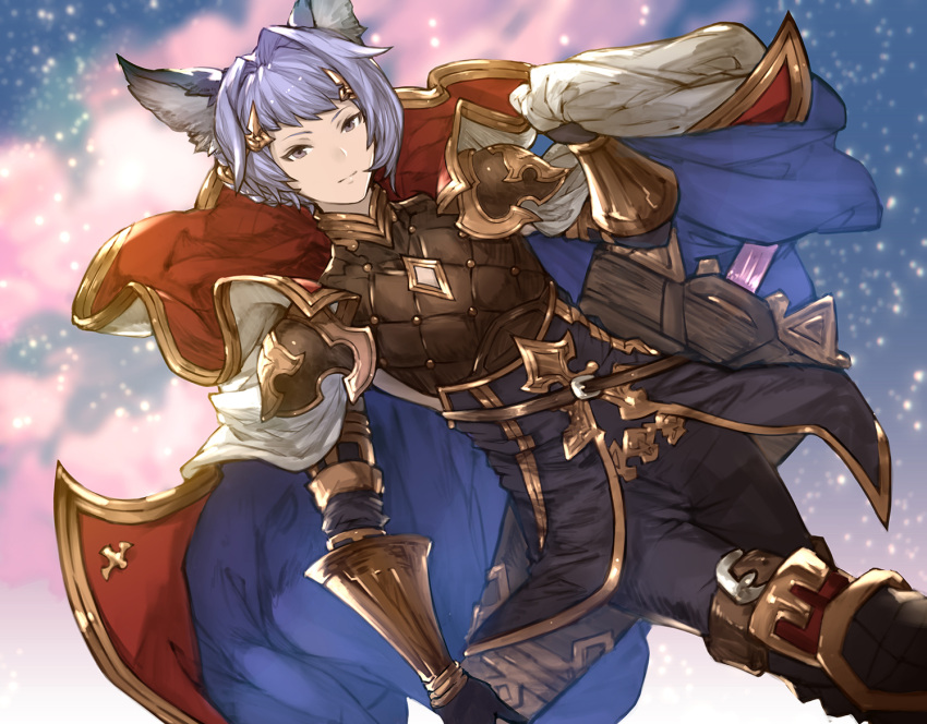 1boy animal_ears braid cape cat_ears diamond_(shape) granblue_fantasy hair_intakes hair_ornament honyaru_(nanairo39) md5_mismatch purple_hair quatre_(granblue_fantasy) short_hair solo violet_eyes walking