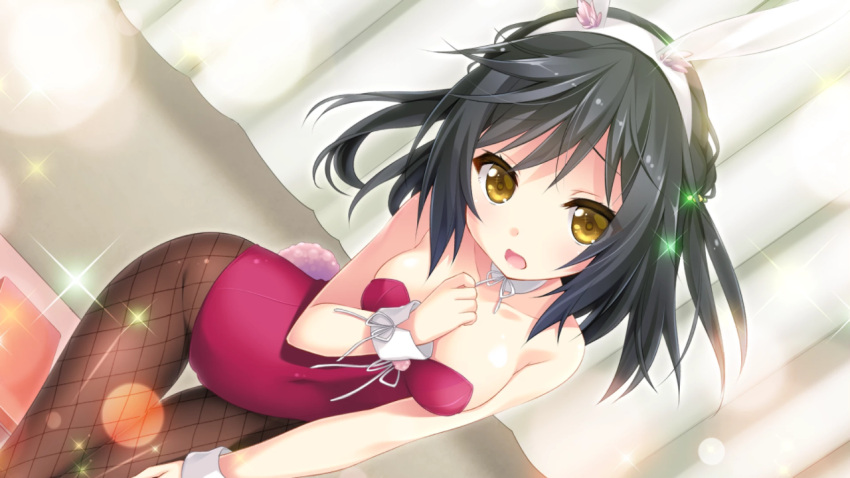 1girl animal_ears bare_shoulders black_hair breasts bunny_girl bunny_tail bunnysuit cleavage covered_navel detached_collar dutch_angle fake_animal_ears fishnet_pantyhose fishnets game_cg hand_on_own_chest izumi_aoi leaning_forward leotard looking_at_viewer natsu_uso_-ahead_of_the_reminiscence- pantyhose rabbit_ears riichu solo sparkle strapless tail thigh_gap uso_(campus) wrist_cuffs yellow_eyes