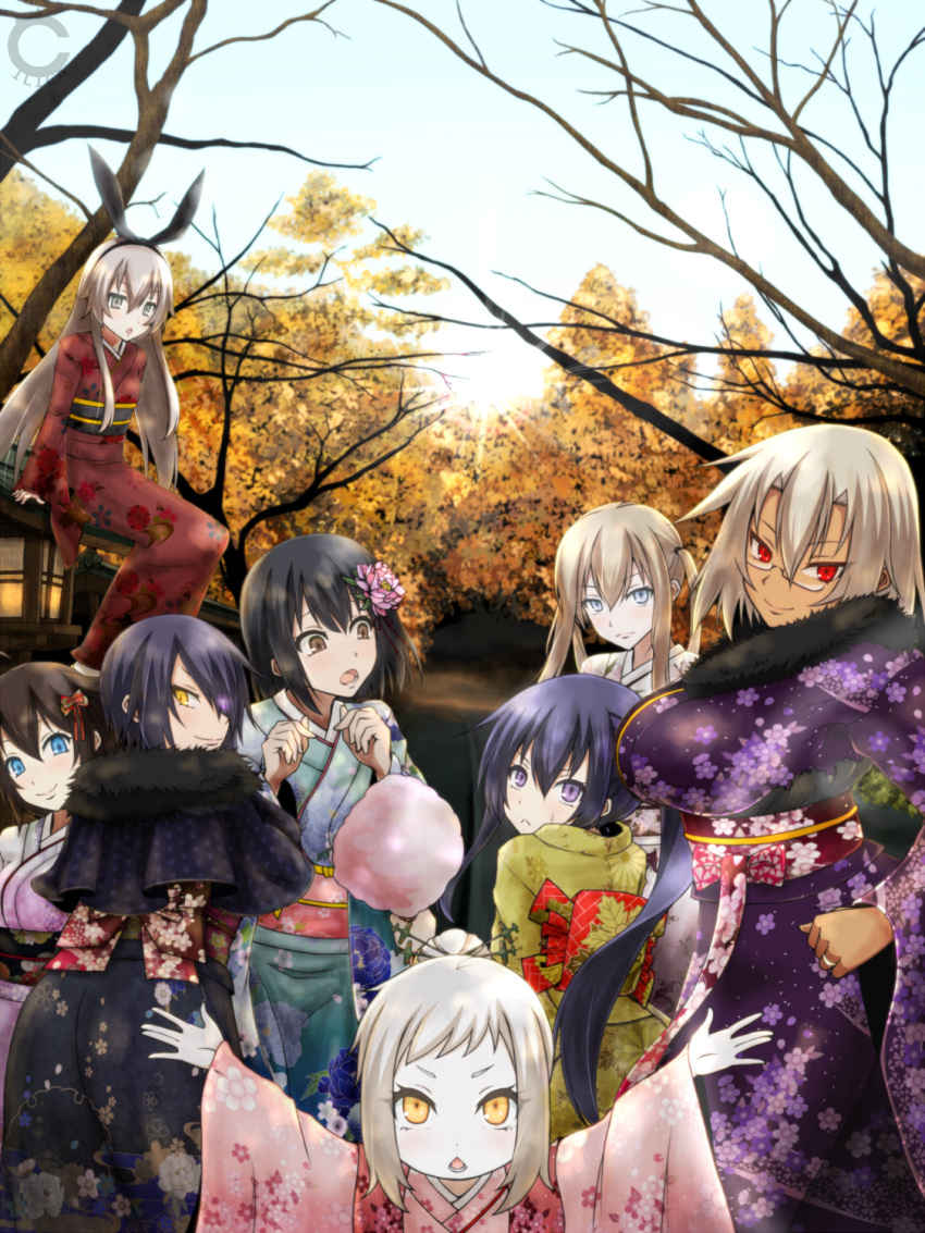 6+girls :&lt; ahoge airplane akebono_(kantai_collection) alternate_costume alternate_hairstyle black_hair blonde_hair blue_eyes breasts brown_eyes brown_hair chestnut_mouth cilica cotton_candy eyepatch floral_print flower glasses graf_zeppelin_(kantai_collection) grey_eyes hair_flower hair_ornament hair_over_one_eye hair_ribbon highres japanese_clothes jewelry kantai_collection kimono large_breasts looking_at_viewer multiple_girls musashi_(kantai_collection) no_hat no_headwear northern_ocean_hime open_mouth outstretched_arms pale_skin purple_hair red_eyes ribbon ring scarf shigure_(kantai_collection) shimakaze_(kantai_collection) shinkaisei-kan short_eyebrows side_ponytail sweatdrop tenryuu_(kantai_collection) twintails violet_eyes wedding_band white_hair yamashiro_(kantai_collection) yellow_eyes