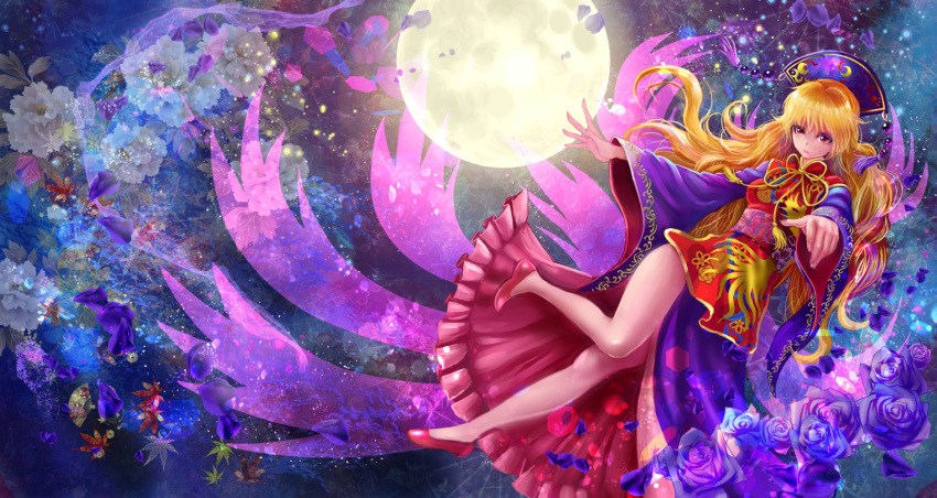 1girl chinese_clothes dress flower fox_tail full_body full_moon hat highres junko_(touhou) long_hair long_sleeves moon multiple_tails obi orange_hair red_eyes sash shoes solo tabard tail touhou usuda_hiro wide_sleeves