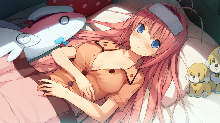 1girl akinashi_yuu antenna_hair ao_no_kanata_no_four_rhythm bed bed_sheet blue_eyes breasts cleavage game_cg indoors kurashina_asuka long_hair looking_at_viewer lying on_back open_pajamas pajamas pillow pink_hair smile solo stuffed_animal stuffed_dog stuffed_toy towel towel_on_head under_covers