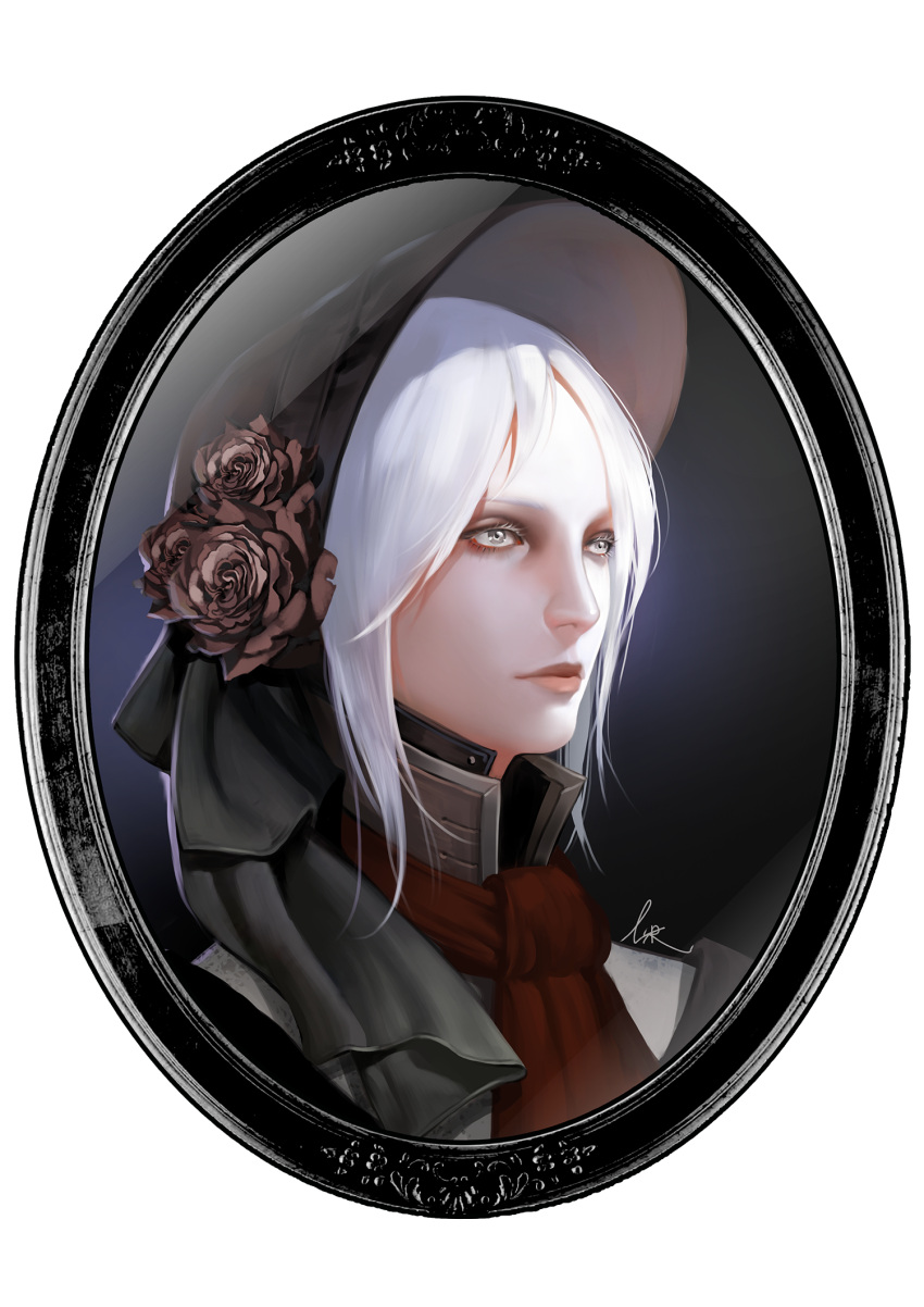 1girl bangs bloodborne bonnet face flower grey_eyes hat hat_flower highres looking_to_the_side lsr plain_doll portrait realistic signature silver_hair solo swept_bangs