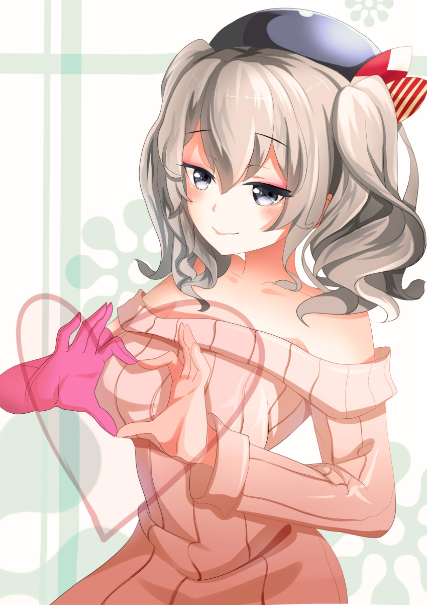 1girl absurdres blue_eyes breasts heart heart_hands highres kantai_collection kashima_(kantai_collection) ribbed_sweater silver_hair smile solo sweater twintails wavy_hair xinshijie_de_akalin
