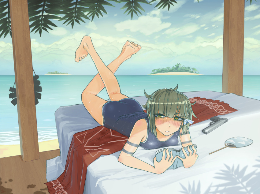 1girl barefoot bed blush book clouds fan full-face_blush gun highres holding holding_book legs_up looking_at_viewer lying mr_very ocean on_stomach one-piece_swimsuit original palm_tree paper_fan parted_lips reading red_pupils short_hair sky solo swimsuit the_pose tree tree_shade uchiwa water weapon wet yellow_eyes