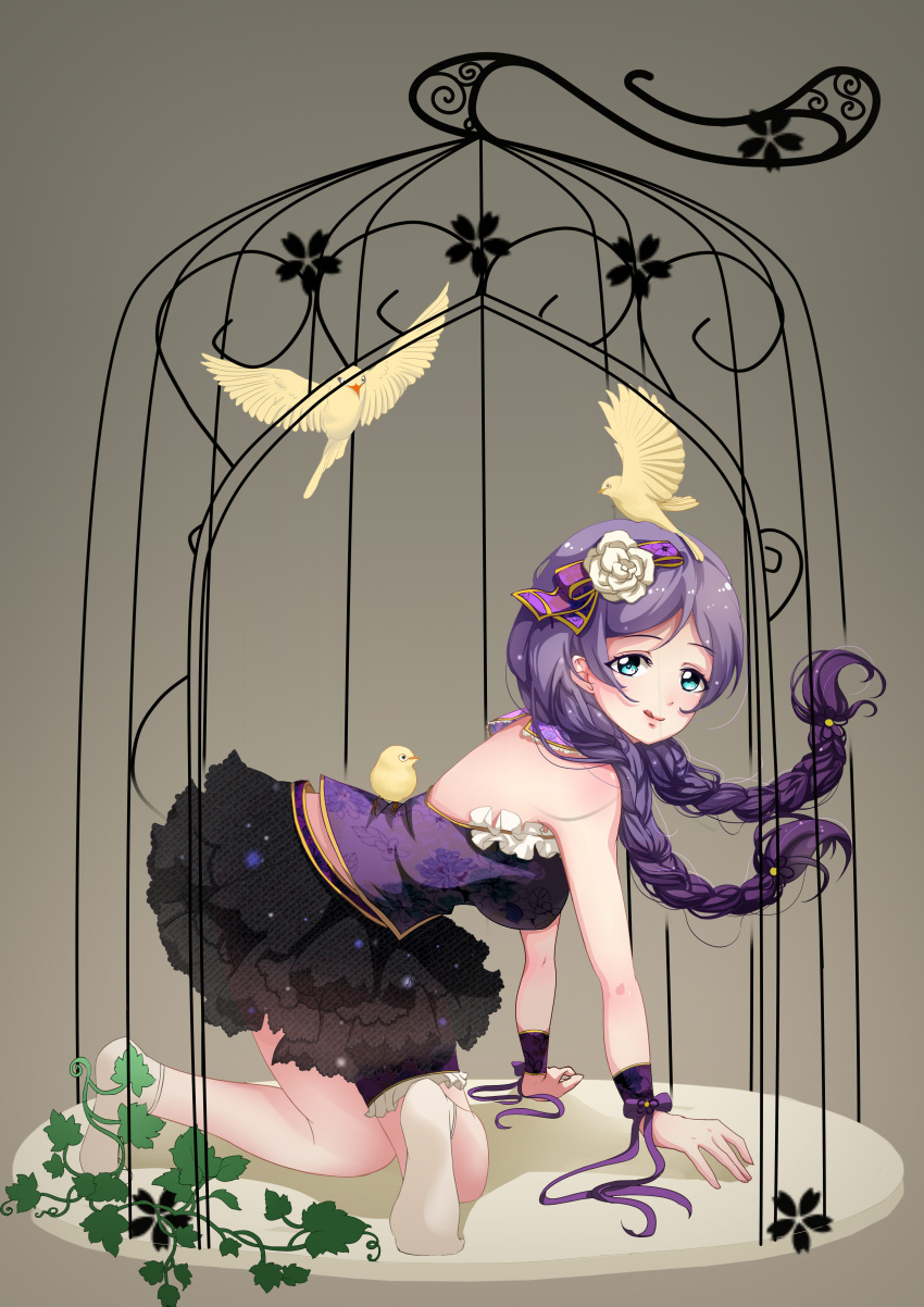 1girl absurdres bird birdcage breasts cage china_dress chinese_clothes dress green_eyes highres long_hair love_live!_school_idol_project low_twintails purple purple_hair scrunchie solo toujou_nozomi twintails xinshijie_de_akalin