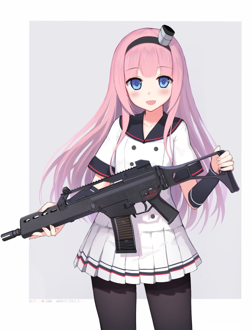 1girl :d absurdres assault_rifle bangs black_legwear blue_eyes blush buttons character_name collarbone copyright_name cowboy_shot detached_sleeves double-breasted eyebrows eyebrows_visible_through_hair eyelashes fingernails g36 g36k grey_background gun hairband happy heckler_&amp;_koch highres holding holding_gun holding_weapon long_fingernails long_hair magazine_(weapon) miniskirt nail_polish open_mouth outside_border pantyhose pink_hair pink_nails pleated_skirt rifle school_uniform serafuku shirt short_sleeves sidelocks simple_background skirt small_breasts smile solo standing tareme very_long_hair warship_girls_r weapon white_shirt white_skirt yuri_shoutu z17_diether_von_roeder_(warship_girls_r)