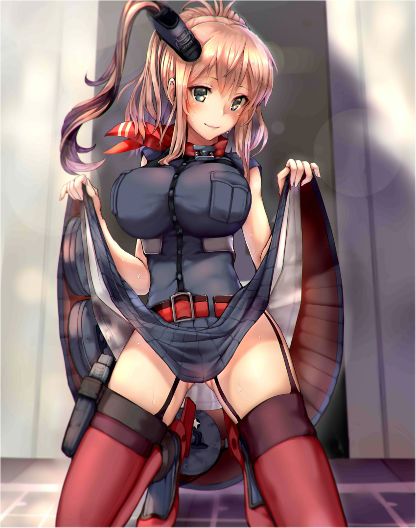 1girl armadillo-tokage black_dress blue_eyes breast_pocket breasts brown_hair buckle dress dress_lift drum_magazine funnel garter_straps gluteal_fold high_heels highres kantai_collection kneeling large_breasts lips long_hair looking_at_viewer magazine_(weapon) neckerchief parted_lips ponytail red_belt red_legwear red_neckerchief remodel_(kantai_collection) rudder_shoes saratoga_(kantai_collection) short_sleeves side_ponytail skirt skirt_lift smile solo striped striped_dress thigh-highs thighs