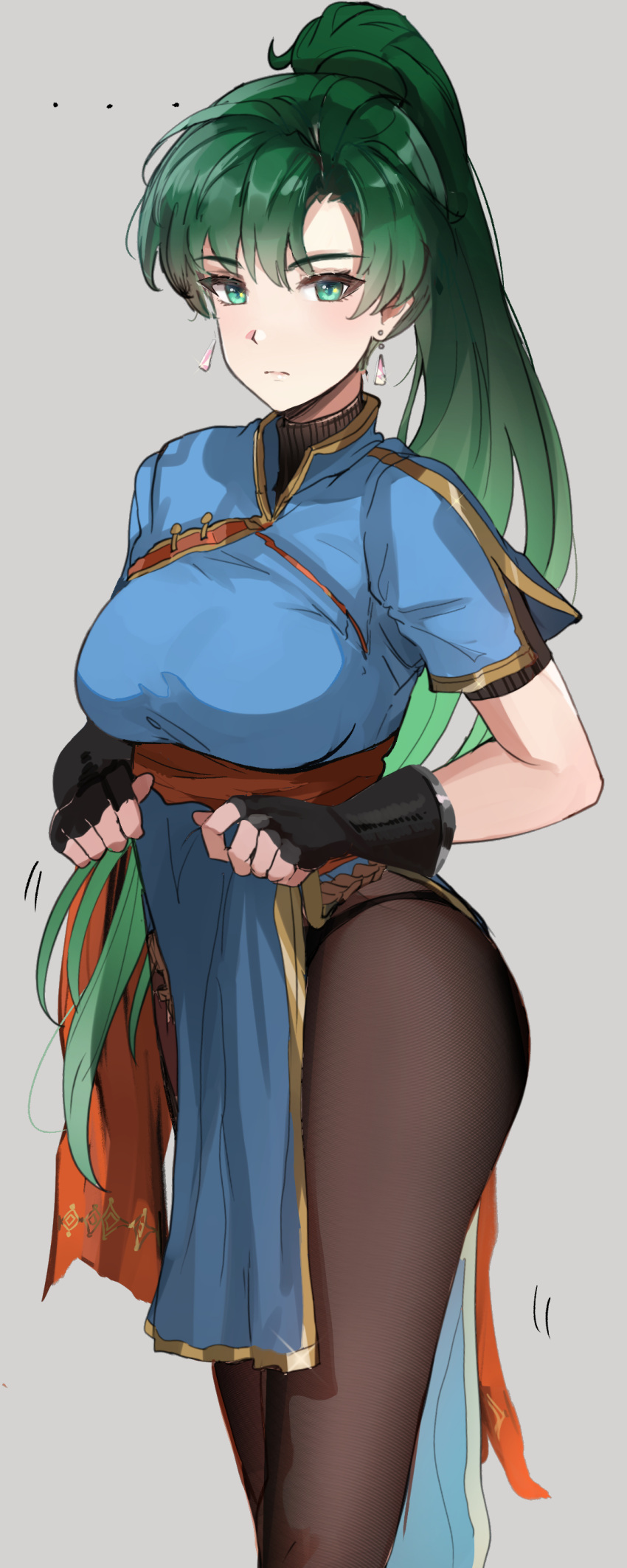 1girl absurdres asymmetrical_bangs bangs black_gloves black_legwear black_panties blue_dress blush breasts clothes_lift dress earrings fingerless_gloves fire_emblem fire_emblem:_the_blazing_blade gloves gold_trim green_eyes green_hair high_ponytail highres jewelry large_breasts lifted_by_self long_hair looking_at_viewer lyn_(fire_emblem) ormille panties panties_under_pantyhose pantyhose pelvic_curtain pelvic_curtain_lift ponytail short_sleeves solo underwear