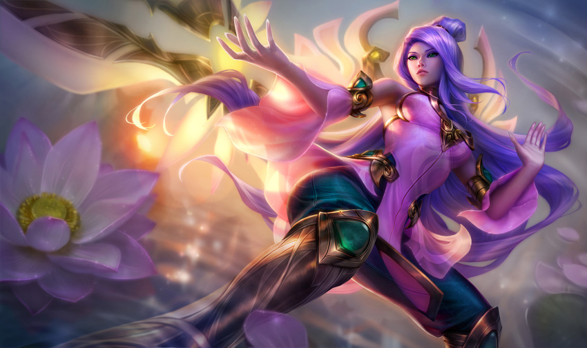 1girl blade boots cleavage_cutout detached_sleeves flower green_eyes highres irelia knee_boots league_of_legends long_hair lotus michelle_hoefener official_art order_of_the_lotus_irelia purple_hair solo very_long_hair