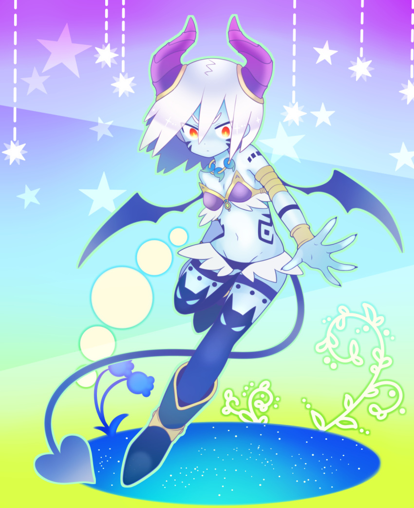 1girl armband bare_shoulders bikini_top blue_skin boots demon_horns demon_tail demon_wings facial_mark flower full_body gradient gradient_background groin highres horns jewelry kashiri_kurosuke magatama microskirt multicolored_eyes necklace original red_eyes skirt solo star starry_background tail tattoo thigh-highs white_hair wings wrist_cuffs yellow_eyes