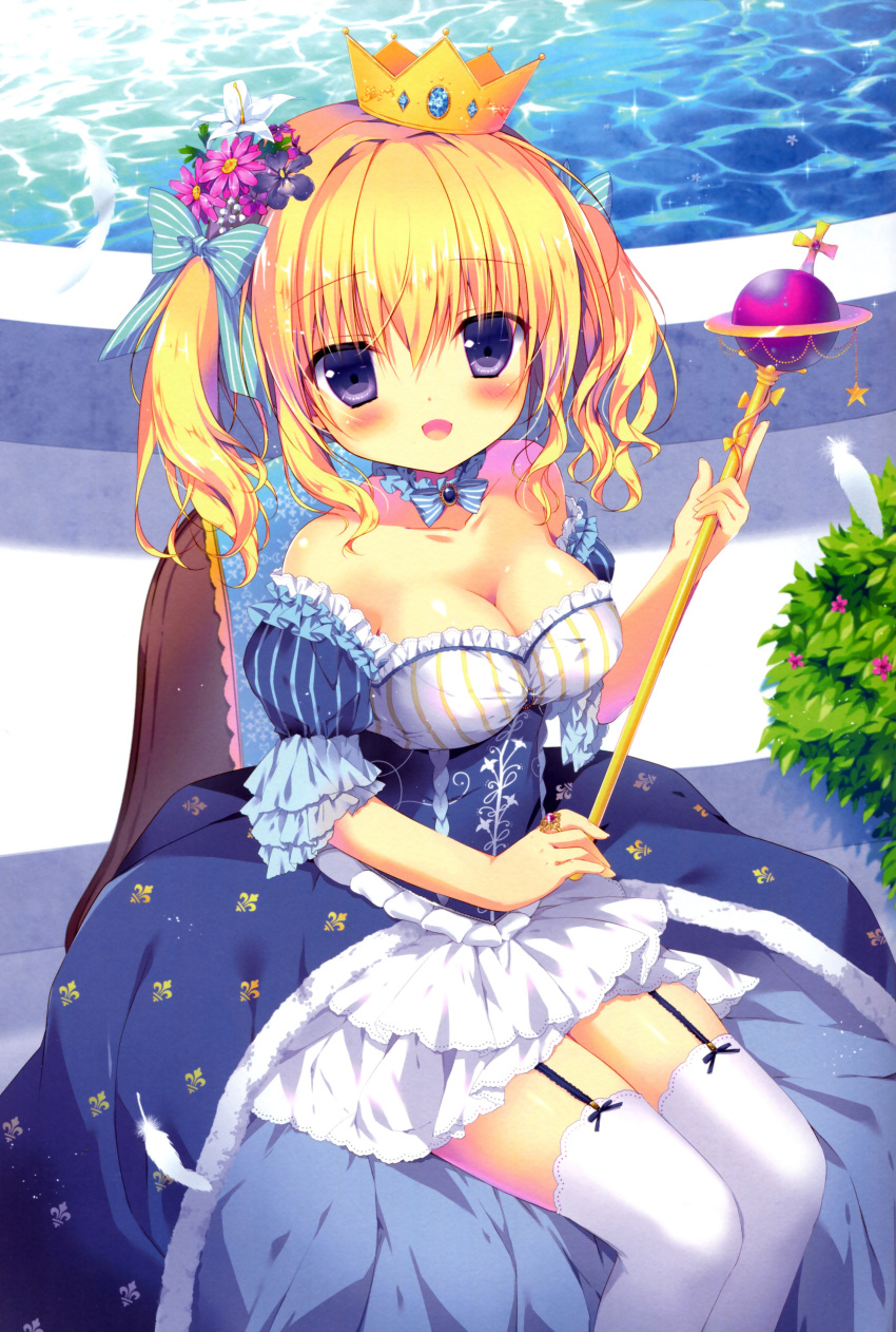 1girl :d absurdres bare_shoulders blonde_hair blue_bow blush bow breasts chair cleavage collarbone crown detached_collar dress feathers flower garter_straps hair_bow hair_flower hair_ornament highres holding jewelry looking_at_viewer miyasaka_miyu open_mouth original plant puffy_short_sleeves puffy_sleeves ring scepter short_sleeves sitting smile solo sparkle striped striped_bow thigh-highs twintails violet_eyes water white_legwear