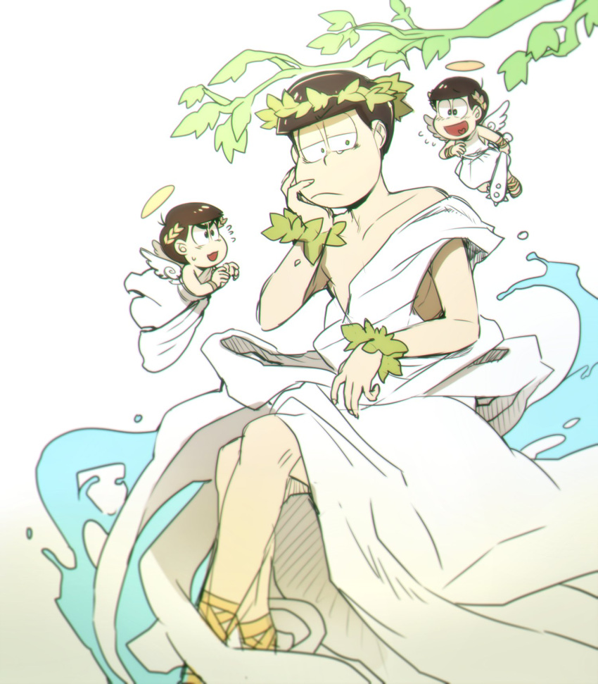 3boys :3 alternate_costume angel_wings brothers brown_eyes brown_hair club flying flying_sweatdrops green_eyes halo heart heart_in_mouth highres holding holding_weapon laurel_crown looking_at_another male_focus matsuno_choromatsu matsuno_juushimatsu matsuno_karamatsu miniboy multiple_boys nyaph open_mouth osomatsu-kun osomatsu-san siblings sitting spiked_club toga weapon wings