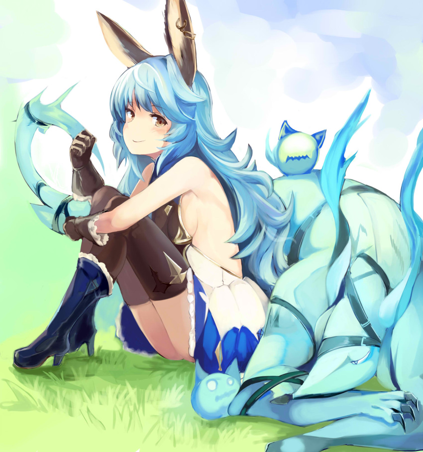 1girl animal animal_ears bare_shoulders black_gloves black_legwear blue_hair boots breasts brown_eyes dress ferry_(granblue_fantasy) gloves granblue_fantasy grass haik highres jewelry long_hair looking_at_viewer rabbit_ears sideboob single_earring sitting smile solo thigh-highs thighs very_long_hair wavy_mouth
