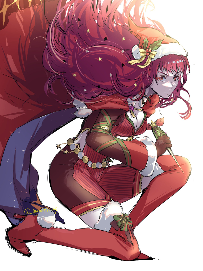 1girl absurdres blue_cape bodysuit cape facial_mark fire_emblem fire_emblem_engage fire_emblem_heroes hair_ornament hat highres holding holding_sack holly ice_pick mistletoe_hair_ornament multicolored_cape multicolored_clothes red_bodysuit red_cape red_eyes red_footwear redhead sack santa_hat solo star_(symbol) star_facial_mark star_hair_ornament star_print two-tone_cape umi_(_oneinchswing) yunaka_(fire_emblem) yunaka_(fire_emblem)_(spirited_envoy)