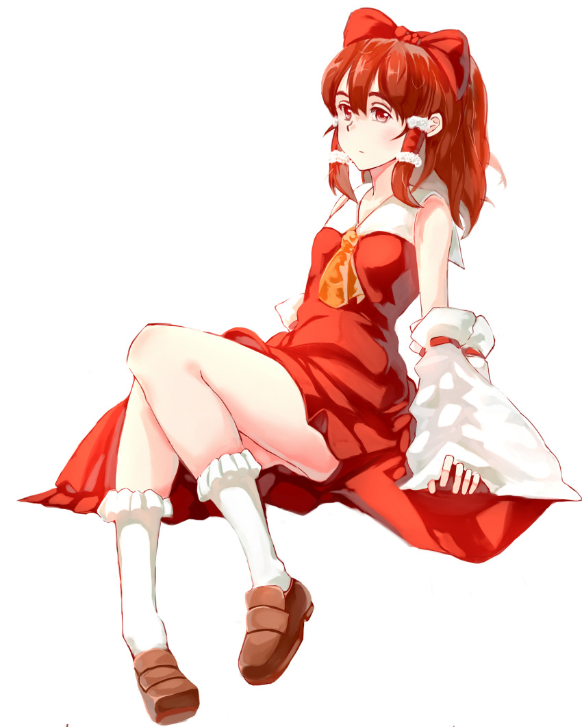 1girl absurdres ascot bobby_socks bow brown_hair brown_shoes detached_sleeves dress eossim expressionless full_body hair_bow hair_tubes hakurei_reimu highres kneehighs red_bow red_dress red_eyes shoes short_hair sitting sleeves_past_wrists socks solo touhou white_background white_legwear
