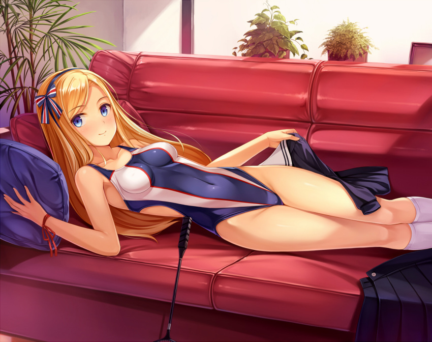 1girl blonde_hair blue_eyes blush commentary_request competition_swimsuit couch covered_navel hair_ribbon hairband highleg highleg_swimsuit highres indoors kneehighs long_hair looking_at_viewer lying on_couch on_side one-piece_swimsuit original ribbon smile solo swimsuit white_legwear wrist_ribbon yokaze_japan
