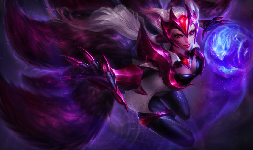 1girl ahri alternate_costume alternate_hair_color animal_ears armor breasts challenger_ahri claws cleavage energy_ball facial_mark fox_ears fox_tail gem highres large_breasts league_of_legends long_hair michelle_hoefener multiple_tails official_art pauldrons red_eyes solo tail thighlet vambraces whisker_markings white_hair