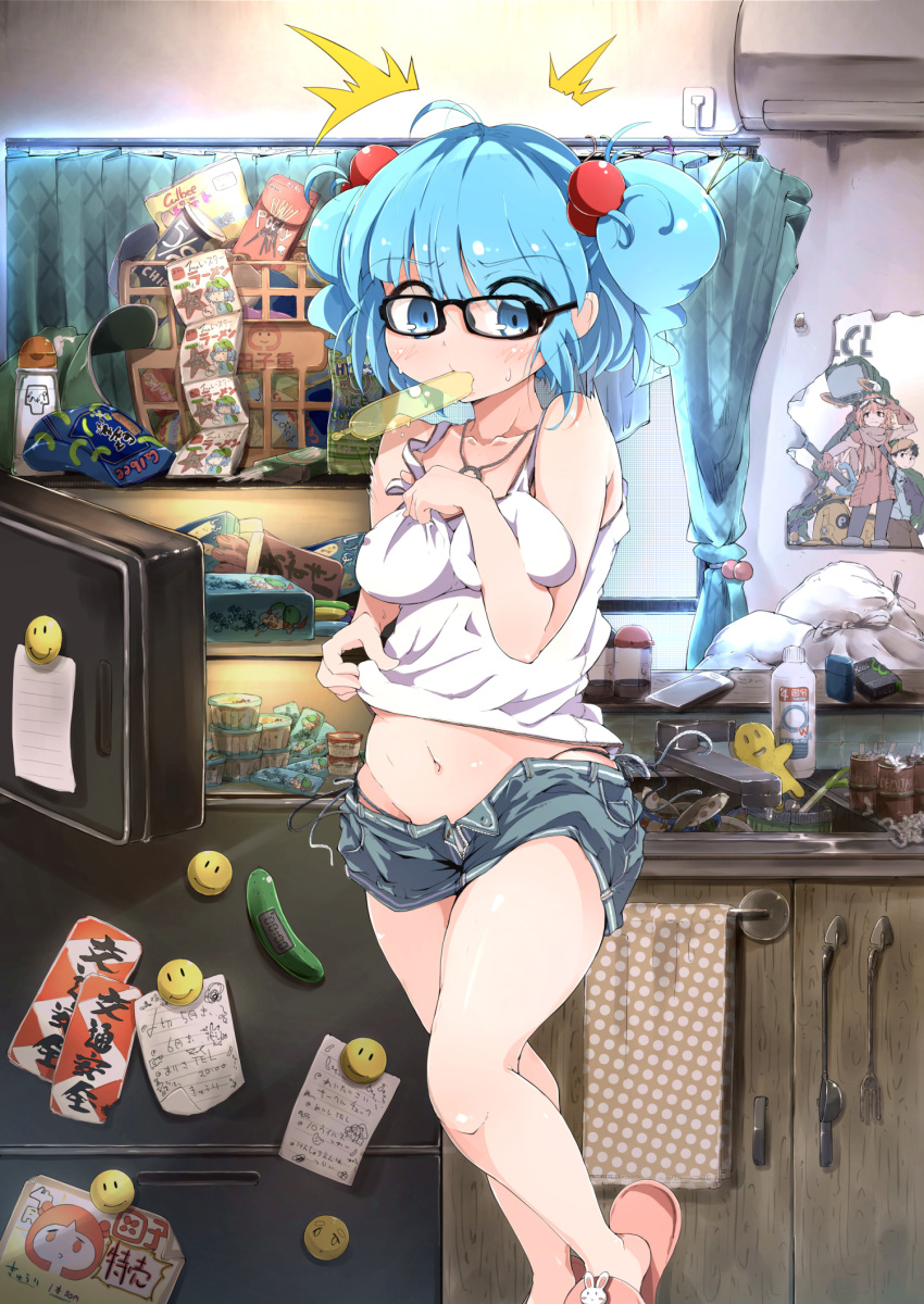 /\/\/\ 1girl ahoge animal_slippers belly belly_grab bespectacled blue_eyes blue_hair breast_pinch bunny_slippers calbee_(potato_chips) covered_nipples covering covering_breasts denim denim_shorts eating flanvia flcl gari_gari-kun glasses haagen-dazs hair_bobbles hair_ornament haruhara_haruko highres jewelry kawashiro_nitori looking_at_viewer magnet messy_room midriff mouth_hold nandaba_naota navel necklace no_hat pinching pocky refrigerator_magnet short_shorts shorts slippers smiley_face solo surprised sweat touhou tupet twintails two_side_up