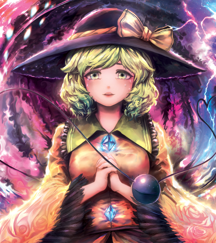 1girl adapted_costume bangs black_hat bow breasts crying crying_with_eyes_open crystal electricity eyeball feathers fire floral_print frills green_eyes green_hair hat hat_bow hat_ribbon highres hijiwryyyyy interlocked_fingers komeiji_koishi lens_flare long_sleeves looking_at_viewer own_hands_together parted_lips ribbon rose_print skirt solo space_print string swept_bangs tears third_eye thorns touhou wide_sleeves wings