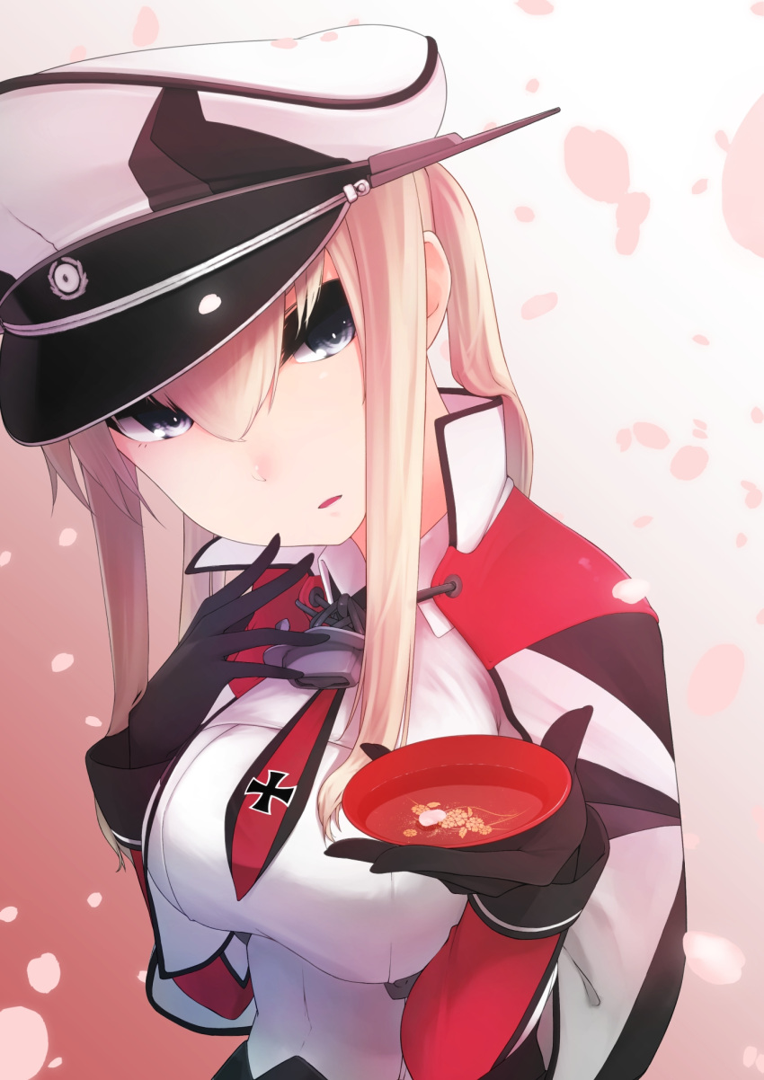 1girl anchor bangs black_gloves blue_eyes breasts capelet cherry_blossoms from_side gloves gradient gradient_background graf_zeppelin_(kantai_collection) hair_between_eyes hand_on_own_chin hat head_tilt high_collar highres holding iron_cross kantai_collection large_breasts long_hair long_sleeves looking_at_viewer military military_uniform necktie parted_lips peaked_cap petals sakazuki sidelocks sleeve_cuffs solo suginoji twintails uniform white_hair