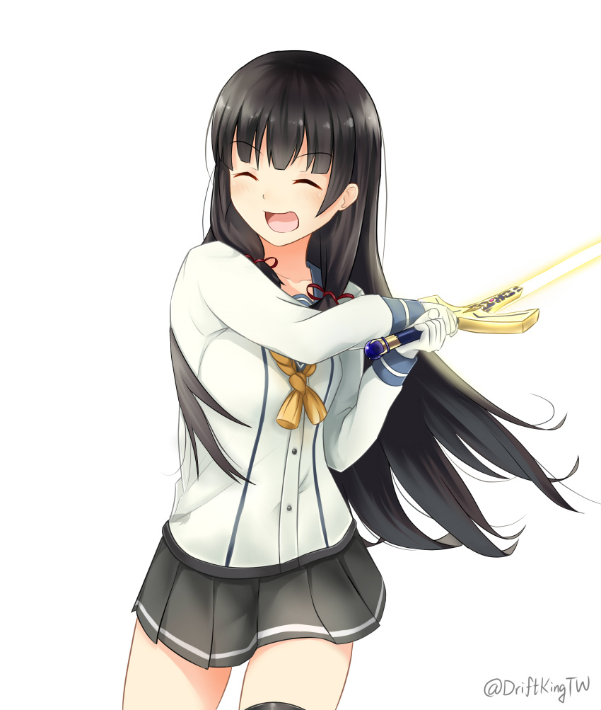 1girl ^_^ absurdres asymmetrical_legwear baker_at_bat black_hair closed_eyes driftkingtw ellen_baker excalibur gloves hair_ribbon highres isokaze_(kantai_collection) kantai_collection kawasumi_ayako long_hair open_mouth parody ribbon school_uniform seiyuu_connection serafuku single_thighhigh smile sword thigh-highs tress_ribbon twitter_username weapon