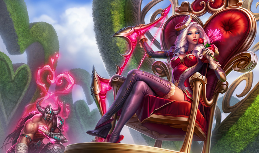 1boy 1girl alternate_costume alternate_hairstyle arm_strap armor arrow arrow_through_heart ashe_(league_of_legends) blue_eyes boots bow_(weapon) breasts cleavage crossed_legs drill_hair flower gloves hair_ornament heart_hair_ornament heartseeker_ashe helmet high_heel_boots high_heels highres horned_helmet kneeling league_of_legends lipstick long_hair makeup michelle_hoefener official_art puffy_sleeves red_lipstick red_rose rose silver_hair sitting thigh-highs thigh_boots throne tryndamere weapon