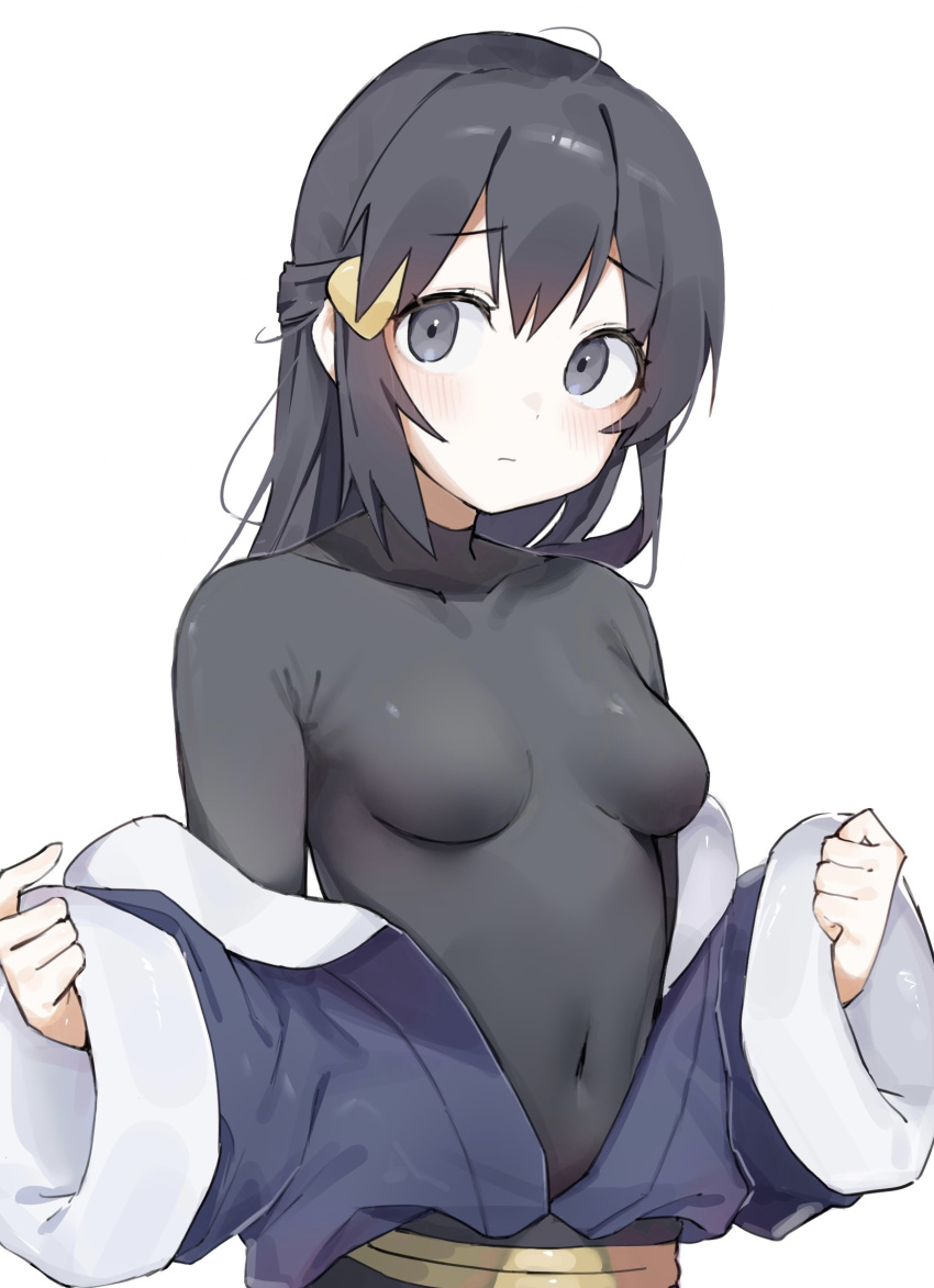 1girl :| absurdres akari_(pokemon) bangs black_bodysuit black_eyes black_hair blush bodysuit breasts closed_mouth covered_navel eyebrows_visible_through_hair gaeguribanchan galaxy_expedition_team_survey_corps_uniform grey_eyes hair_between_eyes hair_ornament hairclip highres long_hair long_sleeves open_clothes pokemon pokemon_(game) pokemon_legends:_arceus simple_background small_breasts solo upper_body white_background