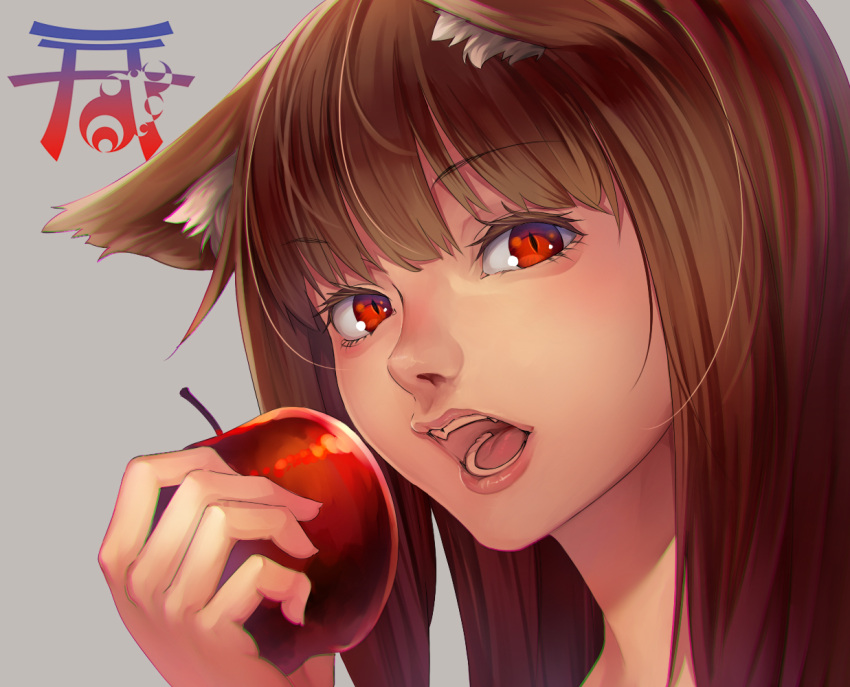1girl animal_ears apple brown_hair chromatic_aberration close-up fangs food fruit holo long_hair red_eyes solo spice_and_wolf wolf_ears yuuten