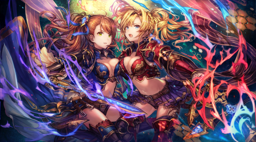 &gt;:o 2girls :o armor armored_boots beatrix_(granblue_fantasy) belt belt_buckle bikini_armor blonde_hair blue_boots blue_eyes blue_ribbon blue_vest boots bow braid breast_press breasts brown_hair buckle cleavage collared_vest cowboy_shot cross fire flaming_sword gauntlets granblue_fantasy green_eyes hair_bow hair_intakes hair_ribbon highres holding holding_sword holding_weapon large_breasts light_smile looking_at_viewer midriff multiple_girls navel open_mouth outstretched_arm pleated_skirt ponytail purple_fire purple_skirt red_boots red_vest ribbon shigaraki_(strobe_blue) shoulder_pads showgirl_skirt skirt stomach sword thigh-highs thigh_boots thighs twintails unbuckled_belt unsheathed veil waist_cape weapon zeta_(granblue_fantasy)