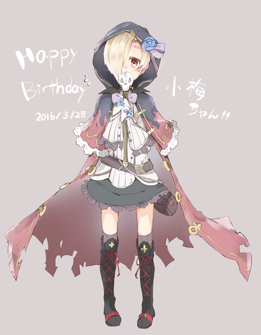 1girl 2016 alternate_costume bag belt black_boots blonde_hair blush boots brown_eyes buttons character_name covering_mouth cross-laced_footwear dated ear_piercing earrings flower_ornament frills full_body gloves hair_over_one_eye happy_birthday highres hood hoodie idolmaster idolmaster_cinderella_girls jewelry knee_boots kneehighs lace-up_boots looking_at_viewer ooyama_imo piercing shirasaka_koume short_hair simple_background skirt skull solo standing striped striped_legwear vertical-striped_legwear vertical_stripes