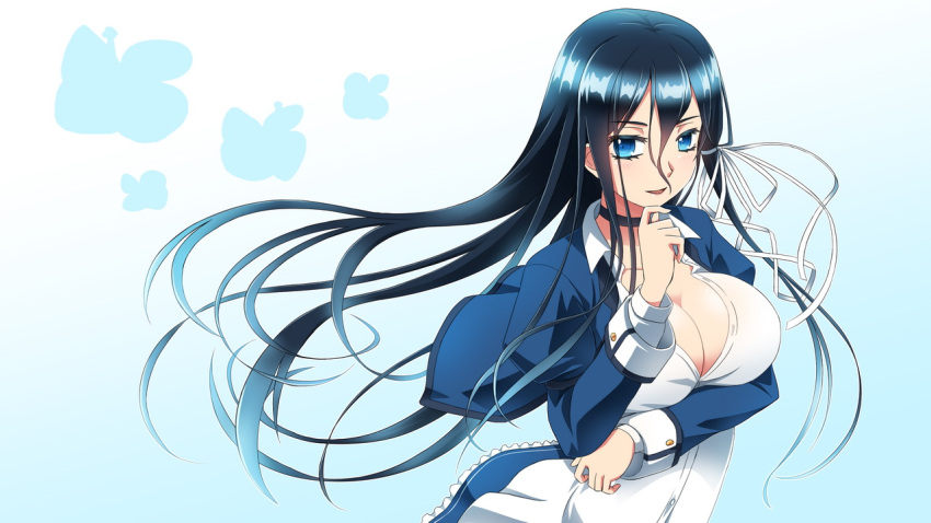 1girl black_hair blue_background blue_eyes breast_hold breasts chin_hold cleavage collared_shirt gradient gradient_background hair_ribbon khnchak large_breasts long_hair long_sleeves looking_at_viewer original parted_lips puffy_long_sleeves puffy_sleeves ribbon shirt skirt solo upper_body white_shirt wind