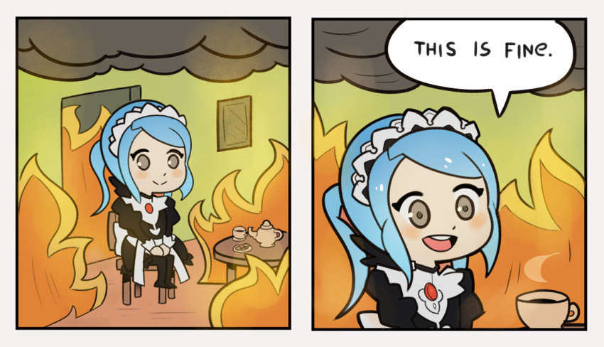 1girl apron blue_hair chair cup english fire fire_emblem fire_emblem_if flora_(fire_emblem_if) grey_eyes gunshow_(comic) long_hair maid maid_apron maid_headdress open_mouth parody ponytail smile smoke solo speech_bubble splashbrush spoilers table teacup teapot this_is_fine twintails