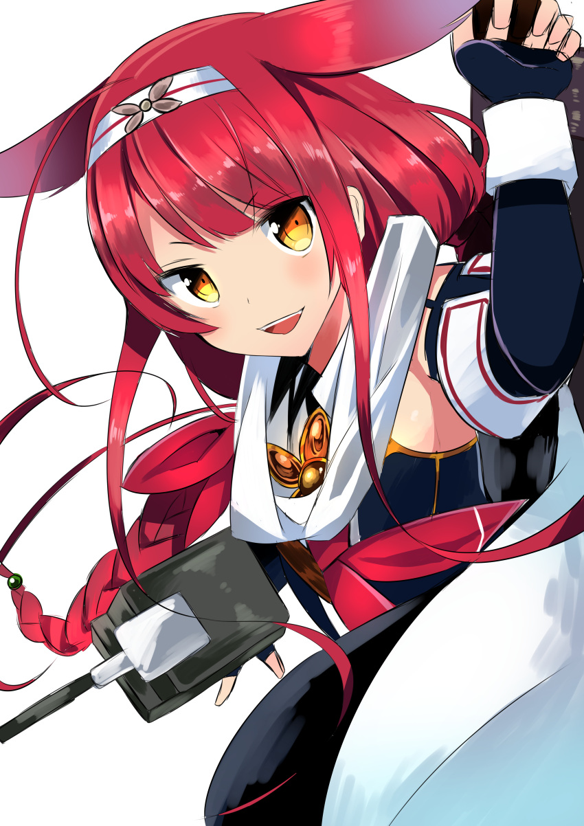 1girl :d absurdres ahoge black_gloves braid brown_eyes cape edel_(edelcat) elbow_gloves fingerless_gloves gloves gradient_hair hair_flaps hairband highres kantai_collection kawakaze_(kantai_collection) long_hair looking_at_viewer multicolored_hair neckerchief open_mouth redhead remodel_(kantai_collection) sailor_collar school_uniform serafuku simple_background smile solo twin_braids very_long_hair white_background