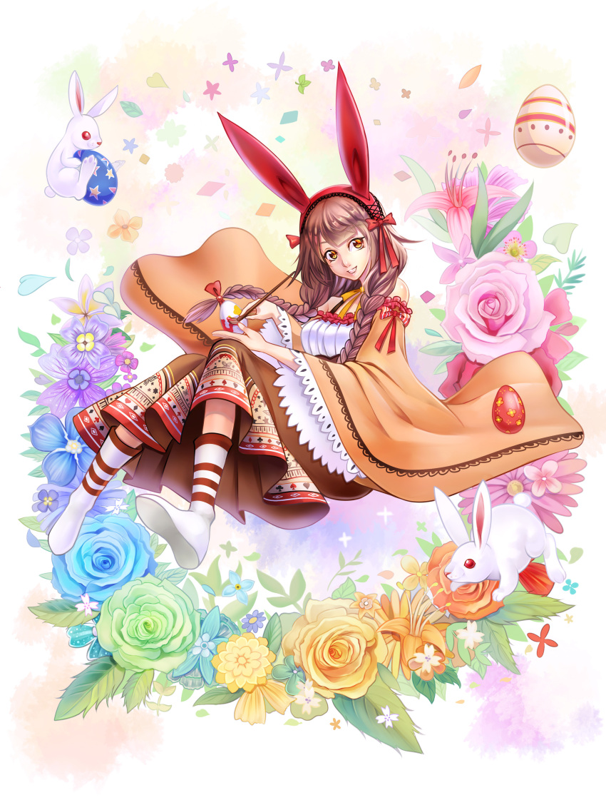 1girl absurdres animal_ears blue_rose boots bow braid brown_hair dress easter_egg egg flower green_rose hair_bow highres leaf long_hair looking_at_viewer mr._j.w open_mouth original paintbrush painting rabbit rabbit_ears red_bow red_eyes rose solo twin_braids white_boots wide_sleeves yellow_eyes