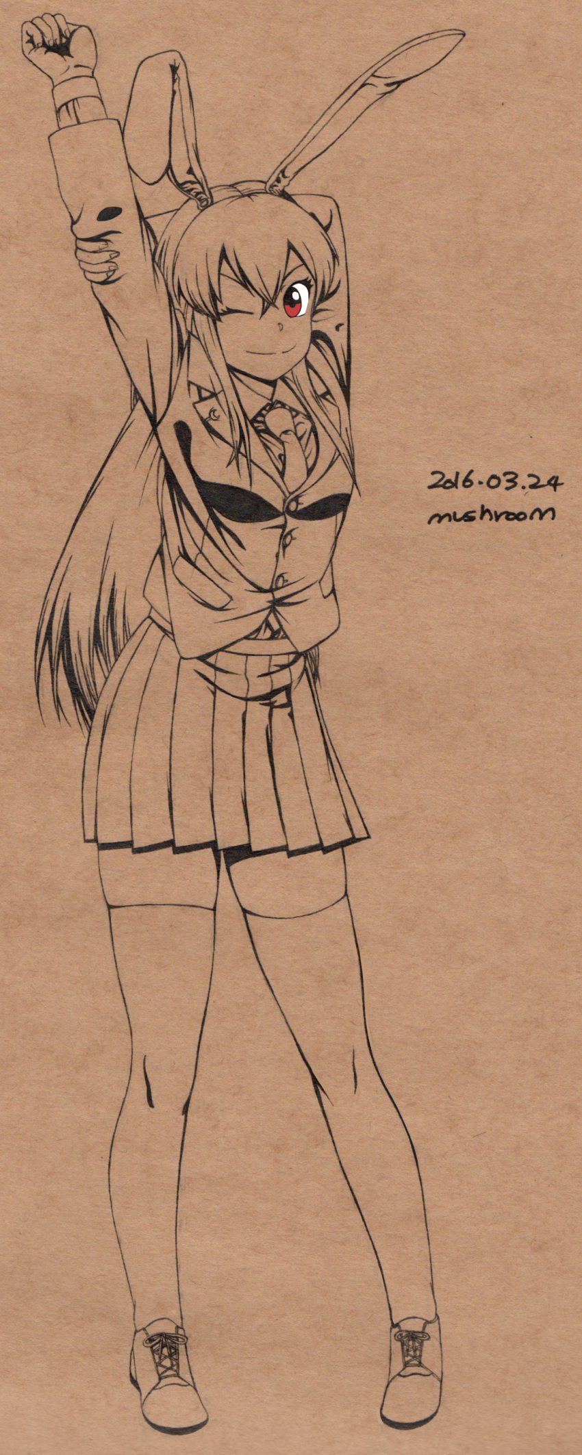 1girl absurdres animal_ears arm_up artist_name bangs blazer brown_background collared_shirt contrapposto crescent dated full_body hair_between_eyes highres jacket long_hair long_sleeves looking_at_viewer miniskirt monochrome mushroom_(osh320) necktie one_eye_closed pen_(medium) pleated_skirt rabbit_ears red_eyes reisen_udongein_inaba shirt shoes simple_background skirt smile solo spot_color stretch thigh-highs touhou very_long_hair zettai_ryouiki