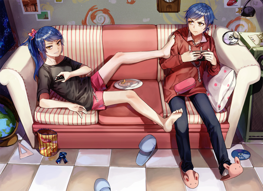 1boy 1girl animal_slippers bag bangs bare_shoulders barefoot blue_hair bunny_slippers cable cd checkered checkered_floor clock closed_mouth controller couch drawstring food from_above frown game_console globe grandfather_clock hair_ornament highres holding hood hood_down hoodie indoors lamp leaning_back limobok long_hair long_sleeves looking_at_viewer off_shoulder original pants photo_(object) pink_shorts plate playing_games ponytail ribbon set_square shadow shirt short_sleeves sitting slippers_removed smile speaker squiggle sweatdrop swept_bangs t-shirt wall yellow_eyes