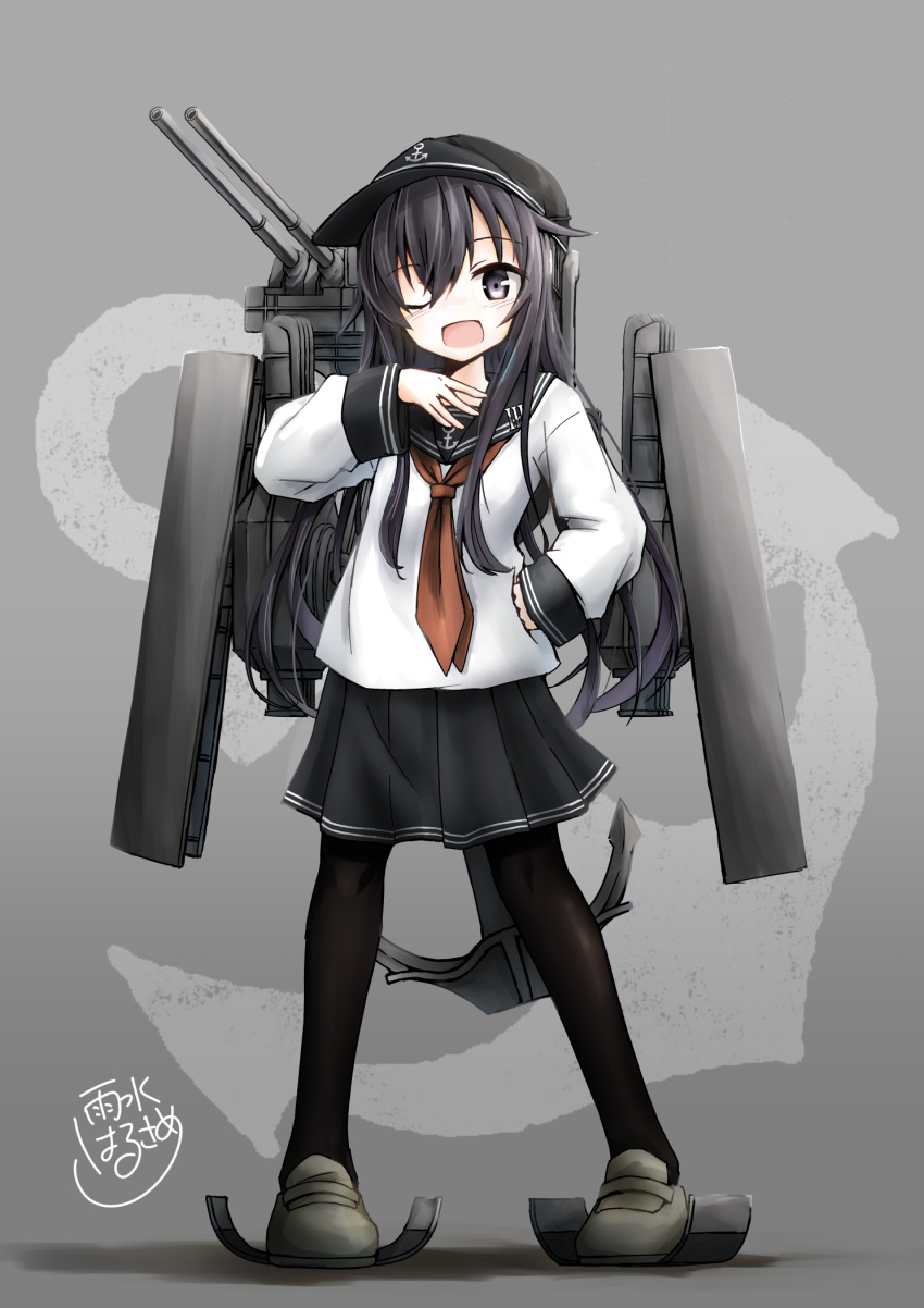 1girl :d akatsuki_(kantai_collection) anchor black_legwear black_skirt flat_cap full_body hand_on_hip hat highres kantai_collection loafers long_hair long_sleeves machinery neckerchief one_eye_closed open_mouth pantyhose pleated_skirt purple_hair sailor_collar school_uniform serafuku shoes skirt sleeves_past_wrists smile solo usui_harusame violet_eyes
