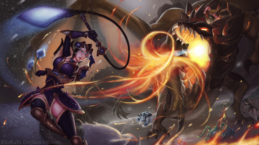 1girl 3boys armor axe blowgun blue_eyes boar bola_(weapon) breathing_fire brown_legwear dragon eliskalti fire flail glowing glowing_eyes green_hat hat helmet highres holding holding_weapon horned_helmet league_of_legends multiple_boys olaf open_mouth outdoors parted_lips riding rift_scuttler saddle sejuani standing teemo thigh-highs udyr volibear watermark weapon web_address white_hair yordle